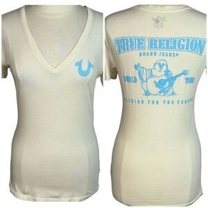 True Religion Ivory Turquoise V-Neck Cotton T with Classic Buddha Logo Graphic L